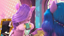 Size: 1920x1082 | Tagged: safe, screencap, izzy moonbow, pipp petals, pegasus, pony, unicorn, a little horse, g5, my little pony: make your mark, my little pony: make your mark chapter 4, spoiler:g5, spoiler:my little pony: make your mark, spoiler:my little pony: make your mark chapter 4, spoiler:mymc04e06, animated, bed, bedroom, cup, curtains, duo, duo female, female, food, goggles, hot drink, mare, pillow, safety goggles, sick, sitting, smiling, sound, stained glass, tea, teacup, webm, window