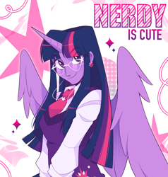 Size: 1280x1345 | Tagged: safe, artist:falliay, twilight sparkle, alicorn, anthro, g4, clothes, cutie mark background, cutie mark on clothes, ear piercing, earring, female, glasses, horn, jewelry, necktie, nerd, piercing, solo, sweater vest, twilight sparkle (alicorn), wings