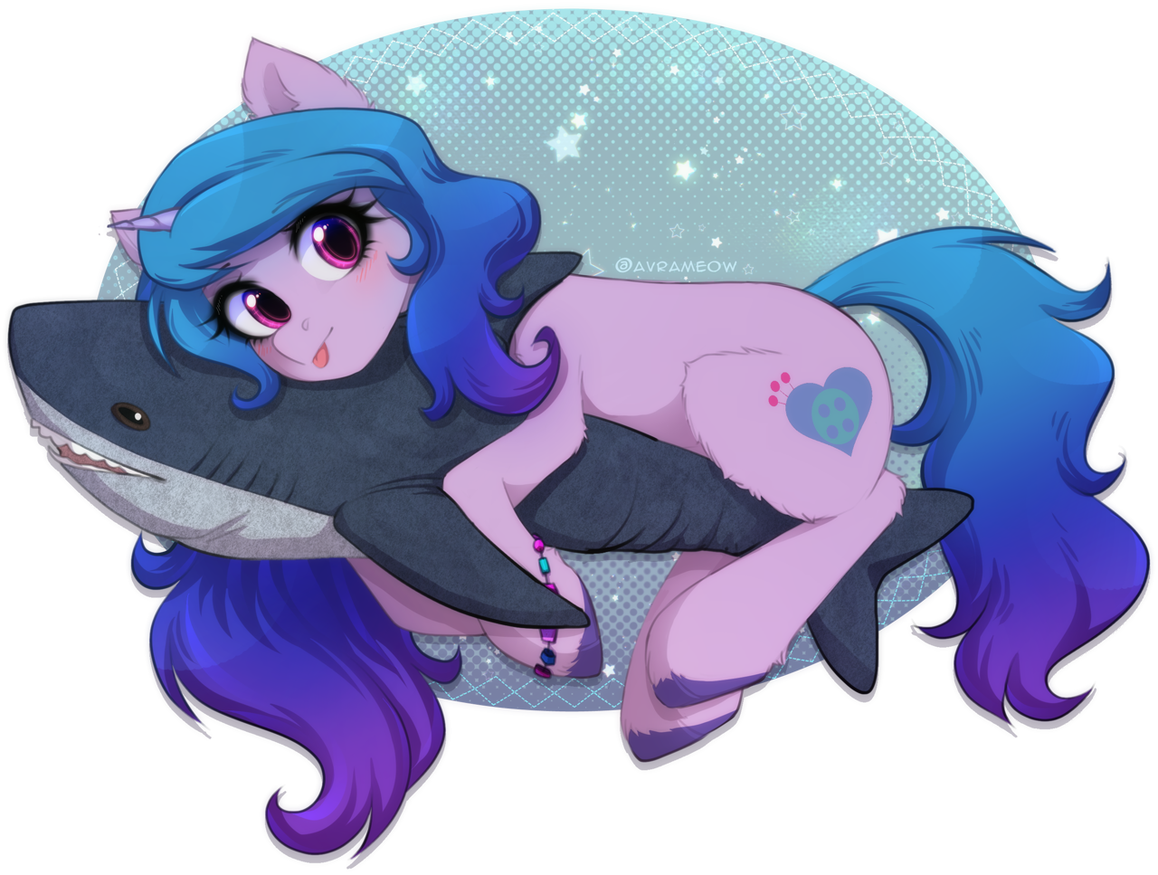 [:p,bracelet,cute,eyebrows,female,g5,high res,horn,hug,jewelry,looking at you,mare,plushie,pony,safe,shark,signature,simple background,solo,transparent background,unicorn,unshorn fetlocks,tongue out,friendship bracelet,ych result,eyebrows visible through hair,shark plushie,artist:avrameow,blåhaj,izzybetes,izzy moonbow]