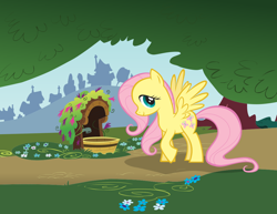 Size: 1056x816 | Tagged: safe, fluttershy, pegasus, pony, g4, official, .svg available, bucket, faucet, female, flower, grass, mare, outdoors, solo, spread wings, standing, stock vector, svg, vector, well, wings