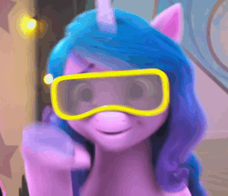 Size: 1254x1080 | Tagged: safe, screencap, izzy moonbow, pony, unicorn, a little horse, g5, my little pony: make your mark, my little pony: make your mark chapter 4, spoiler:g5, spoiler:my little pony: make your mark, spoiler:my little pony: make your mark chapter 4, spoiler:mymc04e06, animated, gif, goggles, i watch it for the maw, safety goggles, solo