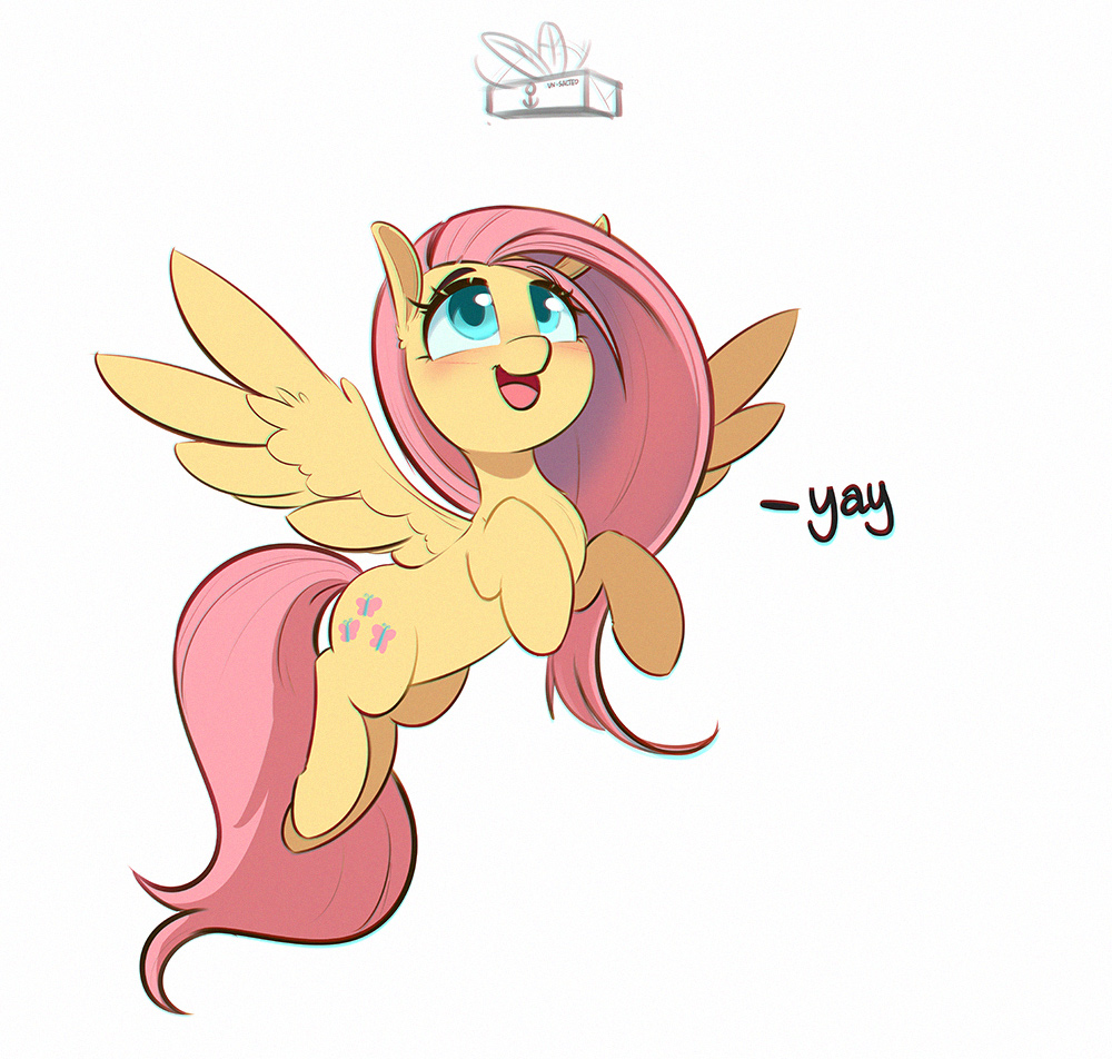 [blushing,butter,cute,daaaaaaaaaaaw,female,fluttershy,food,mare,open mouth,pegasus,pony,safe,simple background,solo,white background,wings,yay,looking up,shyabetes,chromatic aberration,smiling,spread wings,open smile,artist:inkypuso]