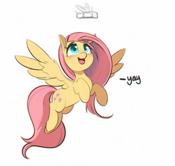 Size: 1000x952 | Tagged: safe, artist:inkypuso, fluttershy, pegasus, pony, g4, blushing, butter, chromatic aberration, cute, daaaaaaaaaaaw, female, food, looking up, mare, open mouth, open smile, shyabetes, simple background, smiling, solo, spread wings, white background, wings, yay
