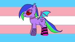 Size: 2560x1440 | Tagged: safe, artist:dashytrash, oc, oc only, oc:eclipse starlight, bat pony, bat pony oc, clothes, ear piercing, glasses, goth, piercing, pride flag, smug, socks, solo, striped socks, transgender