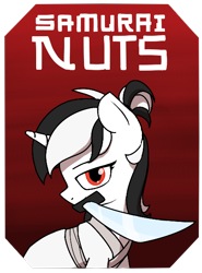 Size: 430x580 | Tagged: safe, artist:alexi148, oc, oc only, oc:nuts, pony, unicorn, katana, looking at you, samurai jack, solo, sword, weapon