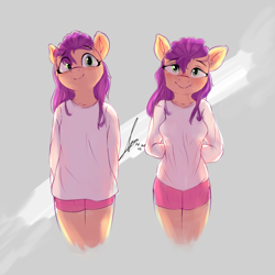 Size: 4000x4000 | Tagged: safe, artist:potato22, sunny starscout, earth pony, anthro, g5, adorasexy, bedroom eyes, breasts, clothes, cute, female, looking at you, meme, pajamas challenge, sexy, shirt, shorts, smiling, smiling at you, solo, sports shorts, stupid sexy sunny starscout, sunnybetes, teasing