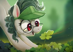 Size: 1199x854 | Tagged: safe, artist:inkhooves, oc, oc only, oc:front page, earth pony, pony, clover, crouching, female, four leaf clover, glasses, holiday, looking at something, mare, open mouth, saint patrick's day, smiling, solo