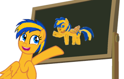 Size: 876x563 | Tagged: safe, artist:mlpfan3991, oc, oc only, oc:flare spark, pegasus, pony, g4, chalkboard, drawing, female, female oc, mare, mare oc, pegasus oc, pony oc, simple background, smiling, solo, transparent background, vector, yellow coat
