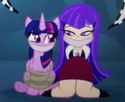 Size: 352x288 | Tagged: safe, artist:beckynatt, twilight sparkle, alicorn, human, pony, g4, bondage, bound and gagged, cloth gag, cropped, dc comics, dc superhero girls, gag, help us, looking at each other, looking at someone, tied up, twilight sparkle (alicorn), zatanna, zee zatara