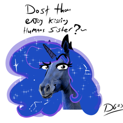 Size: 651x654 | Tagged: safe, artist:thelunarmoon, princess luna, alicorn, horse, pony, g4, boykisser, bust, grammar error, hoers, implied princess celestia, irl horse, looking at you, meme, ponified meme, recolored hoers, shitposting, simple background, solo, talking to viewer, what has science done, white background, ye olde butcherede englishe, ye olde english