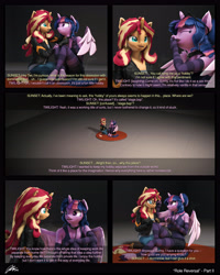 Size: 5184x6480 | Tagged: safe, artist:imafutureguitarhero, sci-twi, sunset shimmer, twilight sparkle, alicorn, classical unicorn, unicorn, anthro, unguligrade anthro, comic:role reversal, series:twilight's sexual deviancy, g4, 3d, 5 panel comic, :i, absurd resolution, alicornified, arm fluff, arm freckles, belt, boots, breaking the fourth wall, cheek fluff, chest fluff, chest freckles, chromatic aberration, clothes, cloven hooves, collar, colored eyebrows, colored eyelashes, colored wings, comic, confused, cute, denim, dialogue, domset, duo, duo female, ear fluff, ear freckles, evening gloves, eyebrows, female, femdom, femsub, film grain, fingerless elbow gloves, fingerless gloves, floppy ears, fluffy, fluffy hair, fluffy mane, fluffy tail, fourth wall, freckles, fur, gentle femdom, glasses, glasses off, gloves, grin, hand on knee, hand on leg, hoof boots, hoof fluff, horn, jacket, jeans, kneeling, laughing, leash, leather, leather boots, leather gloves, leather jacket, leonine tail, long gloves, long hair, long mane, looking at each other, looking at someone, looking at something, looking up, multicolored hair, multicolored mane, multicolored tail, neck fluff, nose wrinkle, one ear down, open mouth, paintover, pants, peppered bacon, pet play, pettwi, race swap, raised eyebrow, revamped anthros, revamped ponies, role reversal, rope, sci-twilicorn, shimmerbetes, shirt, shoes, shorts, shoulder fluff, shoulder freckles, signature, sitting on floor, smiling, socks, source filmmaker, stage.bsp, stockings, striped gloves, striped socks, striped stockings, submissive, subtitles, tail, tail fluff, talking, tank top, text, thigh highs, twiabetes, twilight sparkle (alicorn), twisub, two toned wings, unamused, unshorn fetlocks, wall of tags, wing fluff, wing freckles, wings