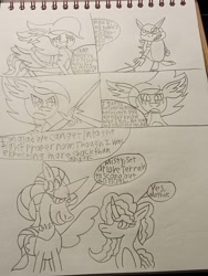 Size: 3264x2448 | Tagged: safe, artist:elijahzx360, misty brightdawn, opaline arcana, oc, alicorn, dinosaur, pony, unicorn, g5, spoiler:comic, crossover, dialogue, high res, pencil drawing, photo, sketch, speech bubble, traditional art