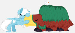 Size: 5121x2292 | Tagged: safe, artist:feather_bloom, oc, oc:feather bloom(fb), oc:feather_bloom, bird, chicken, pegasus, pony, happy, hug, minecraft, pets, simple background, sniffer