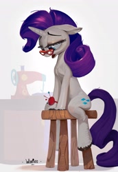 Size: 2818x4096 | Tagged: safe, artist:winpuss, rarity, pony, unicorn, g4, eyebrows, female, floppy ears, frown, glasses, high res, lidded eyes, mare, messy mane, misleading thumbnail, open mouth, pincushion, rarity's glasses, sewing machine, signature, simple background, sitting, solo, stool, tired, white background