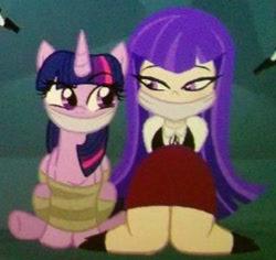 Size: 295x279 | Tagged: safe, artist:beckynatt, twilight sparkle, alicorn, human, pony, g4, big grin, bondage, clothes, cropped, damsel in distress, dc comics, dc superhero girls, faic, gag, grin, help us, looking at each other, looking at someone, needs more jpeg, skirt, tied up, twilight sparkle (alicorn), zatanna, zee zatara