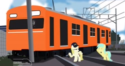 Size: 3729x1988 | Tagged: safe, artist:ponyrailartist, march gustysnows, sunshower raindrops, earth pony, pegasus, pony, g4, accident, jr103, tracks, train, wires