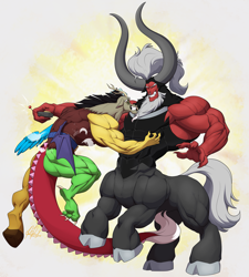 Size: 2321x2584 | Tagged: safe, artist:ponyanony, discord, lord tirek, centaur, draconequus, taur, g4, deltscord, duo, duo male, fluffy, grin, high res, male, muscles, muscular male, smiling, tickle belt, tickle fight, tickle torture, tickling