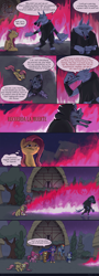 Size: 1969x5497 | Tagged: safe, artist:ciborgen, applejack, fluttershy, pinkie pie, rainbow dash, rarity, twilight sparkle, alicorn, earth pony, pegasus, pony, unicorn, wolf, anthro, digitigrade anthro, comic:fluttershy and her problem with death, g4, :p, comic, courage (character), courage the cowardly dog, crossover, death (puss in boots), dialogue, dreamworks, duckface, female, fire, gratuitous spanish, high res, male, mane six, mare, older, older applejack, older fluttershy, older mane six, older pinkie pie, older rainbow dash, older rarity, older twilight, older twilight sparkle (alicorn), pinkie pie is best facemaker, princess twilight 2.0, puss in boots: the last wish, scooby-doo, scooby-doo!, shaggy rogers, shrek, skull, speech bubble, tongue out, twilight sparkle (alicorn), wide eyes