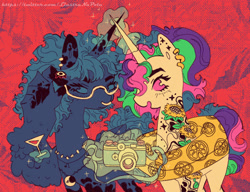 Size: 2048x1575 | Tagged: safe, artist:i-am-cholera, princess celestia, princess luna, alicorn, pony, g4, camera, clothes, duo, ear piercing, glasses, jewelry, magic, necklace, piercing, red background, simple background, tattoo