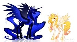 Size: 1271x696 | Tagged: safe, artist:nightheart, princess celestia, princess luna, alicorn, pony, g4, age swap, alternate universe, concave belly, duo, female, height difference, jewelry, mare, needs more jpeg, older, raised hoof, reflection, regalia, role reversal, siblings, simple background, sisters, slender, spread wings, talluna, thin, white background, wings, younger