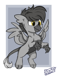 Size: 1200x1600 | Tagged: safe, artist:rutkotka, oc, oc only, griffon, commission, cute, gray, griffon oc, passepartout, smiling, solo, spread wings, three quarter view, wings, ych result