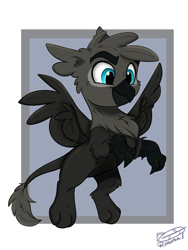 Size: 1200x1600 | Tagged: safe, artist:rutkotka, oc, oc only, griffon, commission, cute, gray, griffon oc, passepartout, smiling, solo, spread wings, three quarter view, wings, ych result