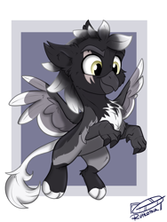 Size: 1200x1600 | Tagged: safe, artist:rutkotka, oc, oc only, griffon, colored wings, commission, cute, griffon oc, passepartout, smiling, solo, spread wings, three quarter view, two toned wings, wings, ych result
