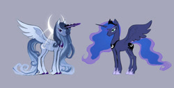 Size: 1127x574 | Tagged: safe, artist:nightheart, princess luna, alicorn, pony, g4, colored hooves, crescent moon, female, glowing, glowing horn, gray background, horn, jewelry, mare, moon, redesign, regalia, simple background, solo, spread wings, unshorn fetlocks, wings