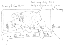 Size: 1878x1360 | Tagged: safe, artist:parclytaxel, tantabus, oc, oc:parcly taxel, alicorn, pony, ain't never had friends like us, albumin flask, g4, alicorn oc, bed, blanket, chocolate, dialogue, duo, female, food, football, horn, in bed, lineart, mare, monochrome, parcly taxel in europe, pencil drawing, pillow, shocked, sleeping together, smiling, sports, story included, switzerland, text, traditional art, wide eyes, wings, zürich