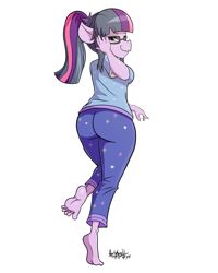 Size: 1800x2250 | Tagged: safe, artist:howsplendid, sci-twi, twilight sparkle, pony, anthro, plantigrade anthro, g4, ass, barefoot, breasts, busty sci-twi, butt, equestria girls ponified, feet, female, glasses, looking at you, looking back, looking back at you, looking over shoulder, ponified, sci-twibutt, simple background, soles, solo, twibutt, white background