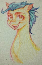 Size: 2125x3318 | Tagged: safe, artist:tendocake, hitch trailblazer, earth pony, pony, g5, colored, high res, looking at you, pencil drawing, photo, smiling, smiling at you, solo, traditional art