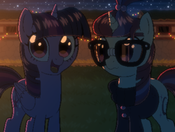 Size: 800x600 | Tagged: safe, artist:rangelost, moondancer, twilight sparkle, alicorn, pony, unicorn, cyoa:d20 pony, g4, clothes, cyoa, duo, glasses, looking at you, night, offscreen character, pixel art, starry night, stars, story included, twilight sparkle (alicorn)