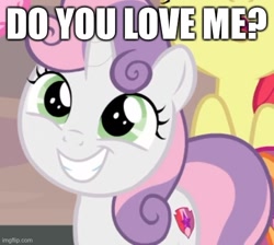 Size: 500x447 | Tagged: safe, edit, edited screencap, screencap, sweetie belle, pony, unicorn, g4, bronybait, caption, cropped, cute, diasweetes, image macro, love, smiling, solo focus, sweetielove, talking to viewer, text