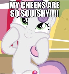 Size: 870x939 | Tagged: safe, edit, edited screencap, screencap, sweetie belle, pony, unicorn, g4, caption, cropped, cute, diasweetes, image macro, lampshade hanging, smiling, solo, squishy cheeks, sweetie belle is a marshmallow too, text