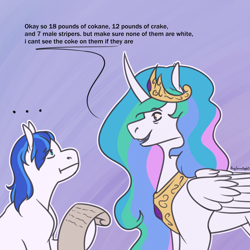 Size: 2000x2000 | Tagged: safe, artist:buy_some_apples, princess celestia, alicorn, earth pony, pony, g4, drugs, high res, master chief and luna hanging out, meme, solo, speech, talking