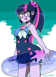 Size: 600x823 | Tagged: safe, artist:tyuubatu, sci-twi, twilight sparkle, human, equestria girls, g4, breasts, clothes, inflatable toy, one-piece swimsuit, open mouth, swimsuit