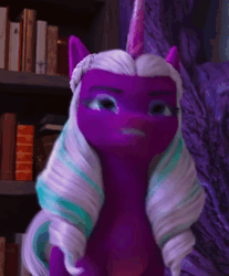 Size: 892x1076 | Tagged: safe, screencap, opaline arcana, alicorn, pony, a little horse, g5, my little pony: make your mark, my little pony: make your mark chapter 4, spoiler:g5, spoiler:my little pony: make your mark, spoiler:my little pony: make your mark chapter 4, spoiler:mymc04e06, animated, book, bookshelf, cropped, female, frustrated, frustration, groan, mare, sigh, solo, webm