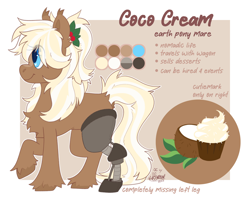 Size: 2500x2000 | Tagged: safe, artist:lionbun, oc, oc:cococream, amputee, character design, cute, female, high res, mare, passepartout, prosthetic leg, prosthetic limb, prosthetics, reference sheet