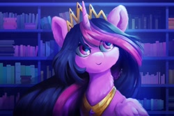 Size: 3600x2400 | Tagged: safe, artist:saphypone, twilight sparkle, alicorn, pony, g4, book, bust, high res, library, portrait, smiling, solo, twilight sparkle (alicorn)