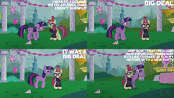 Size: 2000x1125 | Tagged: safe, edit, edited screencap, editor:quoterific, screencap, moondancer, twilight sparkle, alicorn, pony, unicorn, amending fences, g4, angry, balloon, hat, party hat, sad, twilight sparkle (alicorn)