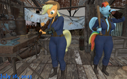 Size: 1144x715 | Tagged: safe, artist:robertwtf, applejack, rainbow dash, earth pony, pegasus, anthro, fallout equestria, g4, 3d, baseball bat, clothes, drinking, gun, jumpsuit, rifle, source filmmaker, vault suit, wasteland, weapon