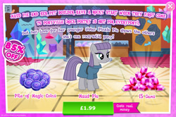 Size: 1954x1300 | Tagged: safe, gameloft, maud pie, earth pony, pony, g4, my little pony: magic princess, official, advertisement, clothes, costs real money, english, female, gem, introduction card, magic coins, mare, mobile game, numbers, sale, solo, text