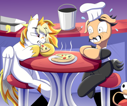 Size: 2000x1667 | Tagged: safe, artist:trackheadtherobopony, oc, oc:amber, earth pony, pegasus, pony, bucket, chef's hat, crossover, eating, food, hat, male, mushroom, nervous, peppino spaghetti, pizza, pizza tower, ponified, restaurant, rule 85, the noise