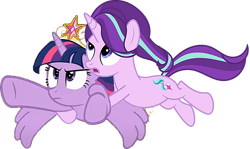 Size: 1035x618 | Tagged: safe, artist:shootingstarsentry, edit, edited screencap, editor:incredibubbleirishguy, screencap, starlight glimmer, twilight sparkle, alicorn, pony, unicorn, g4, princess twilight sparkle (episode), 1000 years in photoshop, background removed, big crown thingy, carrying, crown, duo, duo female, element of magic, female, fixed, flying, holding on, jewelry, not a vector, regalia, simple background, transparent background, twilight sparkle (alicorn), update, updated, updated image