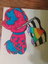 Size: 4608x3456 | Tagged: safe, artist:acid flask, oc, oc only, oc:acid flask, pony, unicorn, zebra, zebracorn, curved horn, cute, eyes closed, flag, happy, horn, sitting, straight ally flag, traditional art, watercolor painting