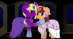 Size: 3960x2160 | Tagged: safe, artist:spiroudada, oc, oc:dolly hoove, oc:velvet sky, pony, unicorn, blushing, bow, caress, castle, clothes, crossdressing, cute, disney, dress, duo, high res, love, male, smiling, stallion, story included