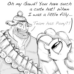 Size: 800x800 | Tagged: artist needed, safe, pinkie pie, earth pony, human, pony, g4, crossover, cute, female, heavy (tf2), human male, male, mare, monochrome, team fortress 2