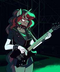 Size: 1050x1260 | Tagged: safe, artist:rayphill, oc, oc:elusive heart, unicorn, anthro, bass guitar, choker, clothes, collar, jacket, leather, leather jacket, musical instrument, solo, spiked choker, spiked wristband, wristband