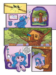 Size: 768x1024 | Tagged: safe, artist:abbystarling, artist:abigail starling, idw, izzy moonbow, pony, unicorn, g5, official, spoiler:comic, spoiler:g5comic, spoiler:g5comic15, banner, bracelet, drawing, female, fling, friendship bracelet, frustrated, groan, implied violette rainbow, izzy moonbow is not amused, jewelry, mare, oh no, onomatopoeia, picture frame, raised hoof, rope, snap, thunk, tree, treehouse, unamused, unshorn fetlocks, window