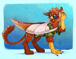 Size: 6107x4769 | Tagged: safe, artist:birdoffnorth, oc, oc only, oc:pavlos, griffon, bandage, broken bone, broken wing, cast, chest fluff, claws, clothes, colored wings, confused, eared griffon, folded wings, griffon oc, injured, leg fluff, paws, seashell, shirt, simple background, sling, solo, sunglasses, underpaw, wings